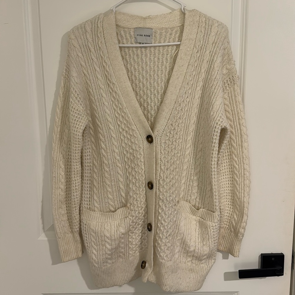 Pink Rose Cream Button Cardigan Sweater